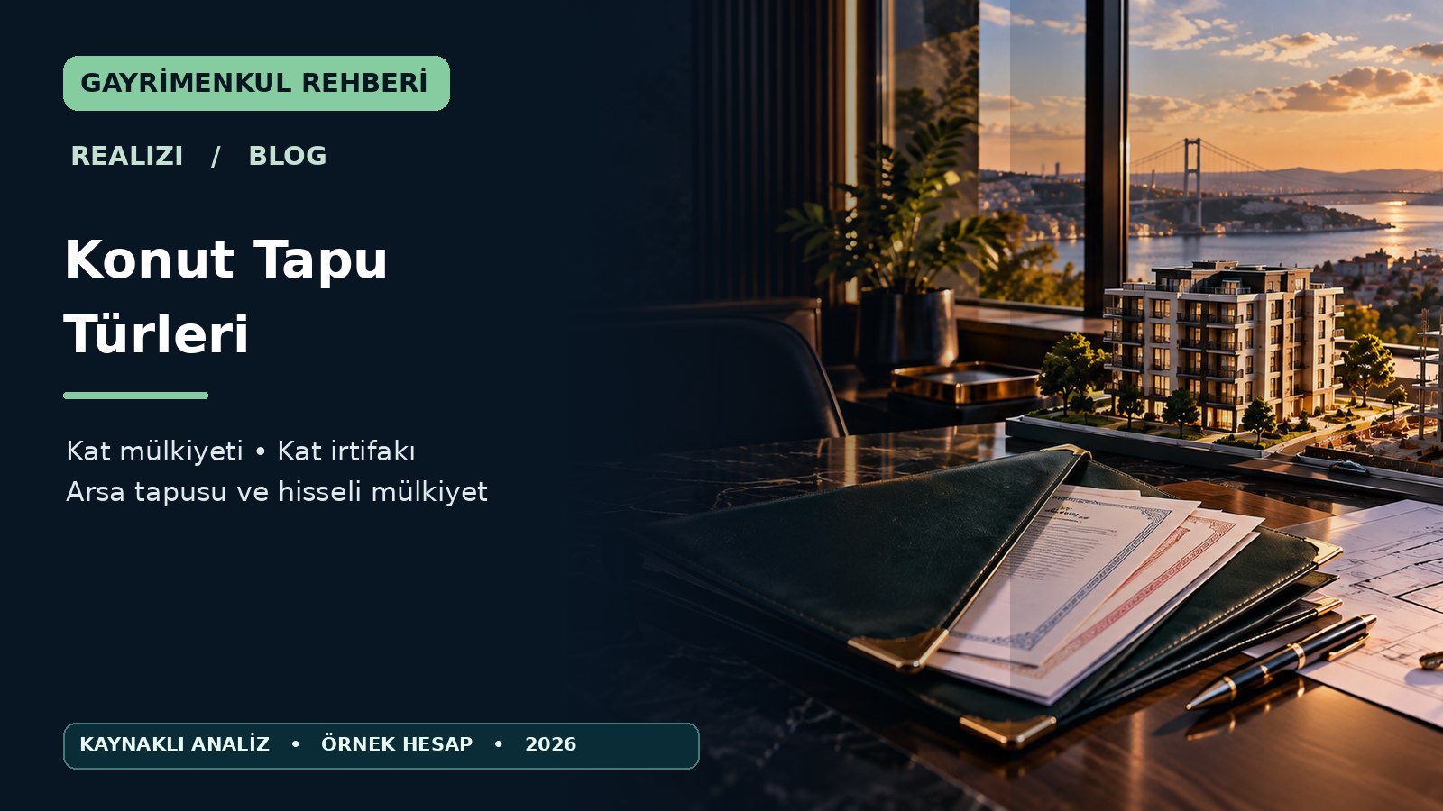 Masa üzerinde tapu evrakları, konut maketi ve mimari planları gösteren temsilî gayrimenkul fotoğrafı