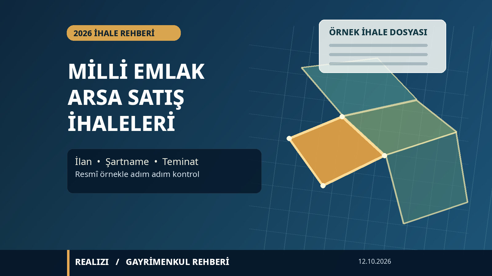Milli Emlak arsa ihalesini temsilen hazırlanan örnek dosya ve harita üzerinde altın renkli işaretlenmiş soyut parsel tasarımı
