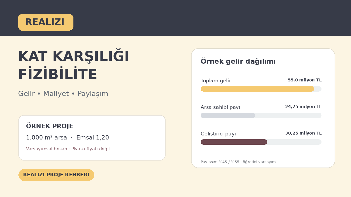 Kat karşılığı arsa fizibilitesinde varsayımsal satış geliri ve paylaşım oranlarını gösteren özgün REALIZI şeması