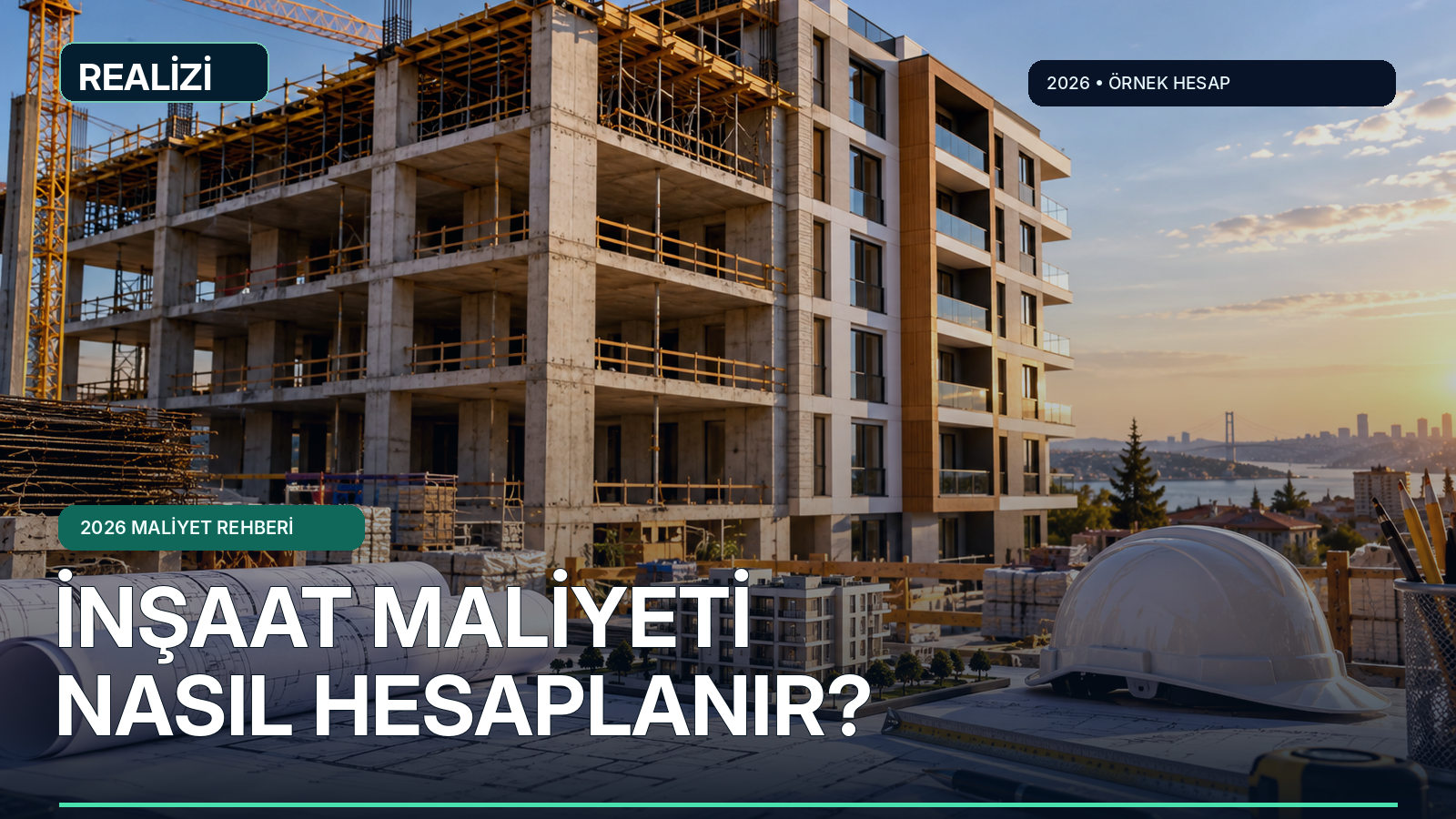 Şantiye, yapım aşamasındaki bina, mimari projeler ve mühendislik malzemeleriyle inşaat maliyeti görseli