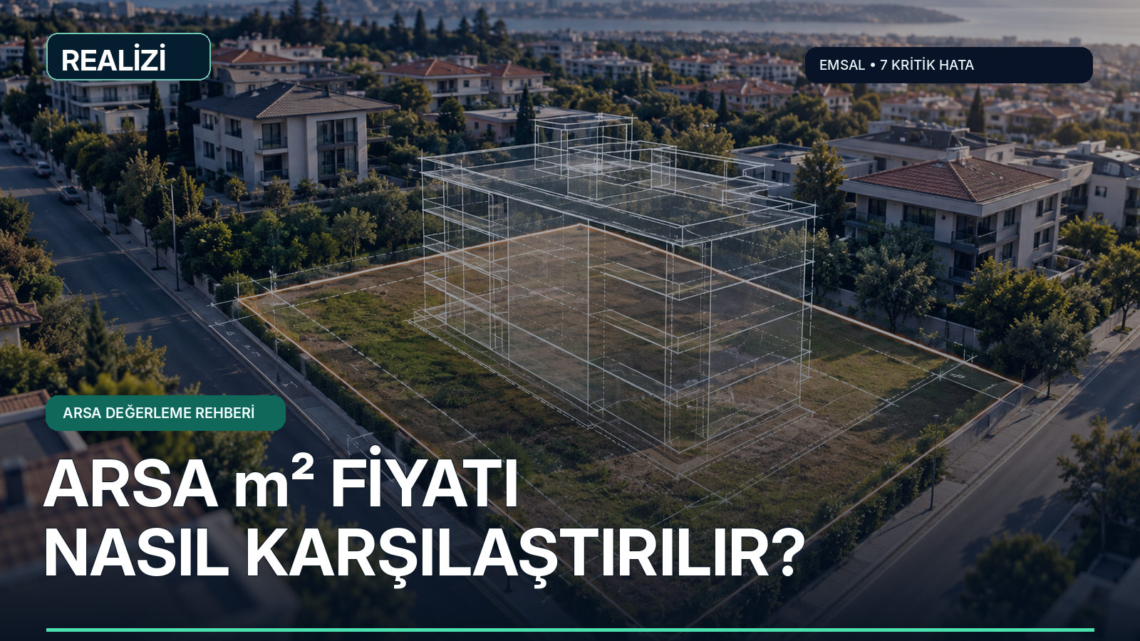 Arsa parseli ve çevresindeki binalar üzerinde emsal fiyat karşılaştırmasını anlatan gayrimenkul görseli