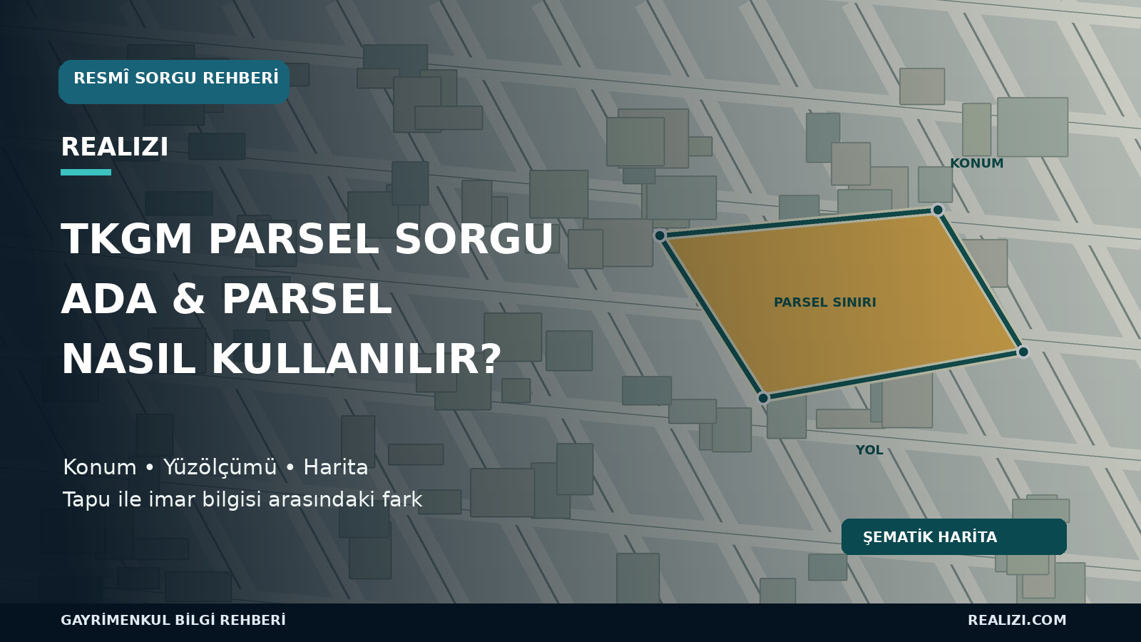 Temsili kadastro parsel sınırları, ada-parsel sorgulama haritası ve imar kontrolü simgeleriyle hazırlanmış REALIZI rehber kapağı