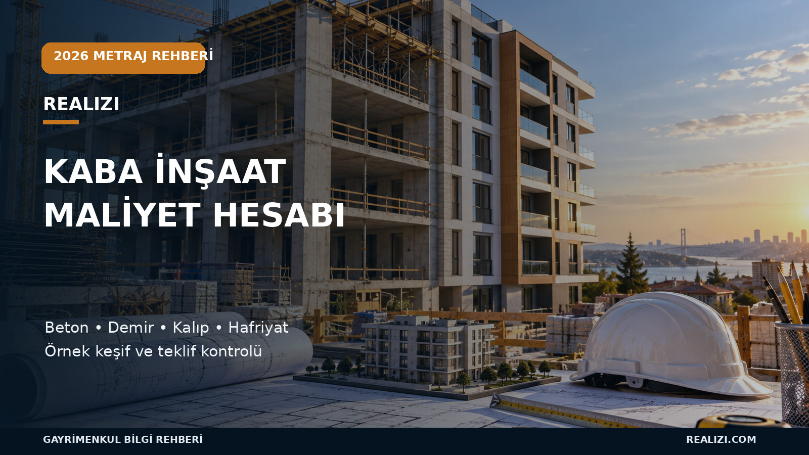 Kaba inşaat şantiyesi, betonarme taşıyıcı sistem, proje çizimleri ve metraj hesabı için inşaat araçları içeren kapak görseli