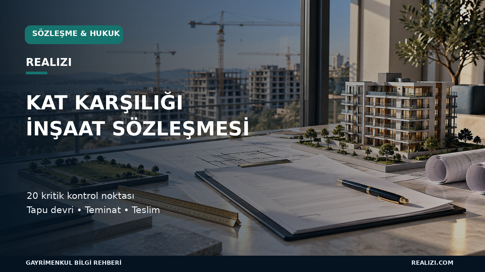 Kat karşılığı inşaat sözleşmesi rehberi için mimari maket, proje çizimleri ve örnek sözleşme dosyası bulunan temsili kapak görseli