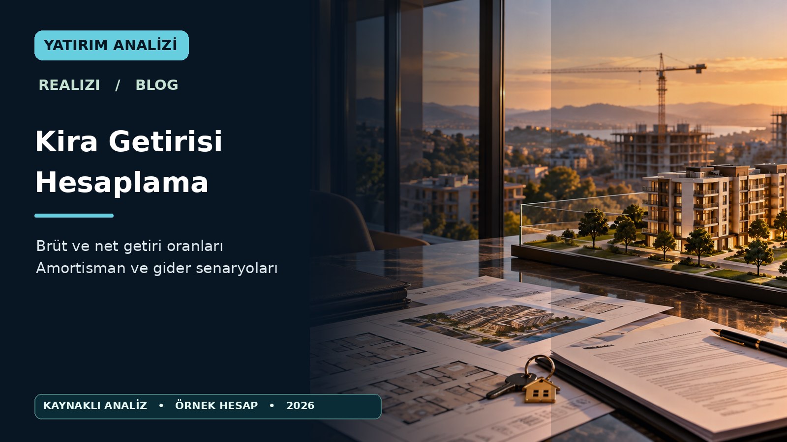 Konut yatırımı için hesap makinesi, bina maketi ve kira gelir analizi konseptini gösteren temsilî görsel